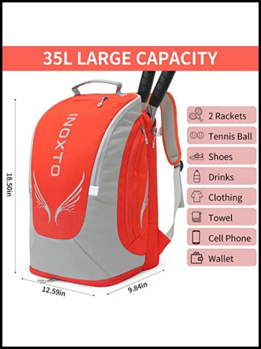 40L Tennis Backpack with Shoe Storage, Waterproof, Holds 2 Rackets